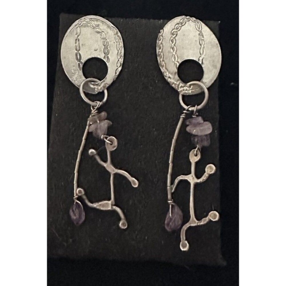Artisan Sterling Silver Amethyst Modernist Dancer Brutalist Signed Earrings